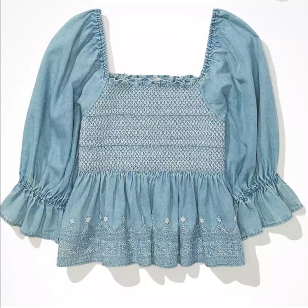 American Eagle smocked chambray top